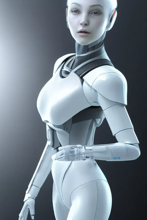 Prompt: a female android made out of translucent white glass with no eyes ears nose or mouth standing in front of a futuristic computer, photorealistic digital art, unreal engine, volumetric lighting, by artgerm julie bell