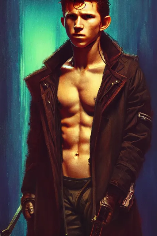 Image similar to character portrait cyberpunk blade runner 2 0 4 9 tom holland, character design, painting by gaston bussiere, katsuya terada, frank frazetta, tom of finland, trending on artstation