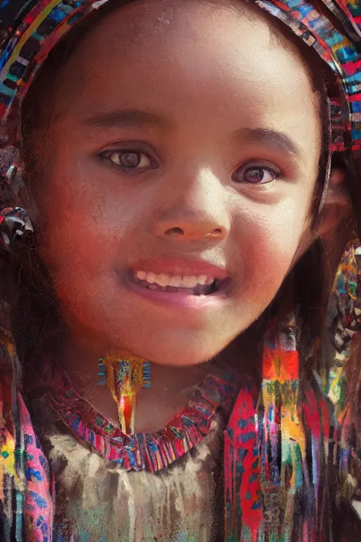 Image similar to aztec little girl, joyful, close - up portrait, intricate, elegant, volumetric lighting, scenery, digital painting, highly detailed, artstation, sharp focus, illustration, concept art, ruan jia, steve mccurry