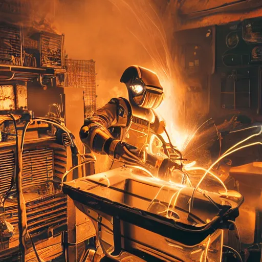 Image similar to cyborg toaster oven repairman, dark messy smoke - filled cluttered workshop, dark, dramatic lighting, orange tint, sparks, plasma rays, cinematic, highly detailed, sci - fi, futuristic, movie still