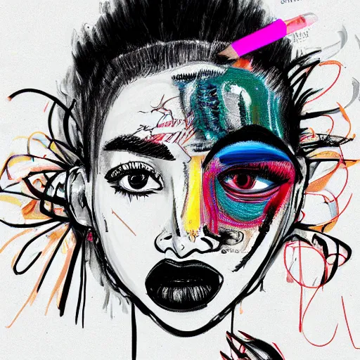 Prompt: sketch, ultra detailed, vogue, happy, beautiful woman, she surprised, big beautiful eyes, surreal, in style of jean - michel basquiat, trending on artstation