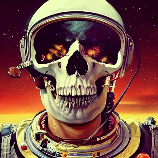 Image similar to a portrait of skull in an astronaut helmet by sandra chevrier, detailed render, epic composition, cybernetics, 4 k realistic, cryengine, realistic shaded lighting, sharp focus, masterpiece, by matteo scalera, gary montalbano, peter elson in the style of the tokyo ghost comic