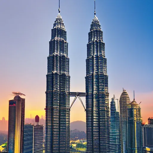 Image similar to the petronas towers replaced in the kuala lumpur skyline with elac debut floor standing speakers, ultra realistic, kodachrome 6 4, golden hour image