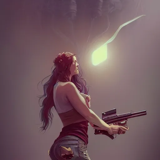 Prompt: Full body portrait of a beautiful young woman wearing a tank top and jeans shooting a Lovecraftian monster with a shotgun, horror, digital painting, detailed, artstation, Greg Rutkowski, Artgerm, Alphonse Mucha