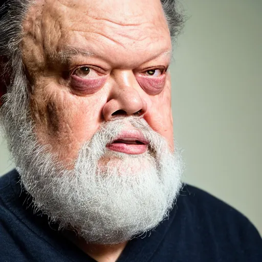 Image similar to dslr photo portrait still of 3 5 year old orson welles, healthy, bearded, at age 7 5!!!, 8 5 mm f 1. 8
