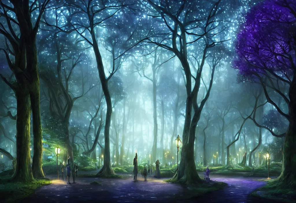 Image similar to Lothlorien at night, very dark sky with green lights, blue lights and purple lights, elven forest town with houses up in the trees, oil painting, dramatic lighting, Jakub Kasper, Makoto Shinkai, hyperrealistic, cinematic, elegant, intricate