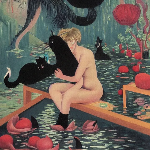 Image similar to emo catgirl artist in her flooded lounge room, painting of flood waters inside an artist's loungeroom, a river flooding indoors, pomegranates, pigs, ikebana, water, octopus, river, rapids, waterfall, black swans, canoe, berries, acrylic on canvas, surrealist, by magritte and monet