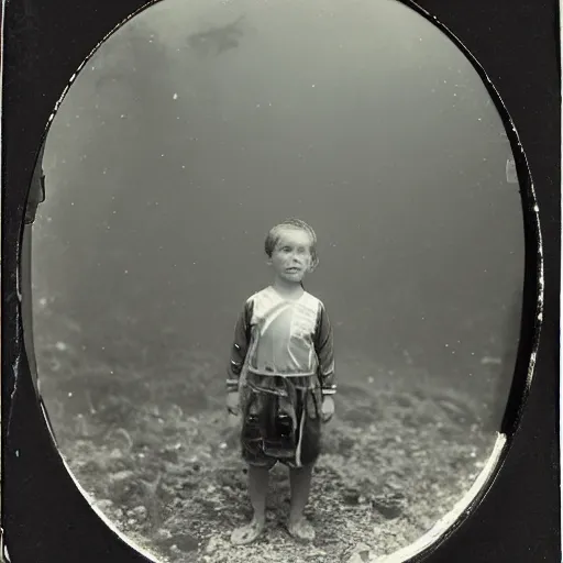 Prompt: tintype photo, swimming deep underwater, kid with huge centipedes