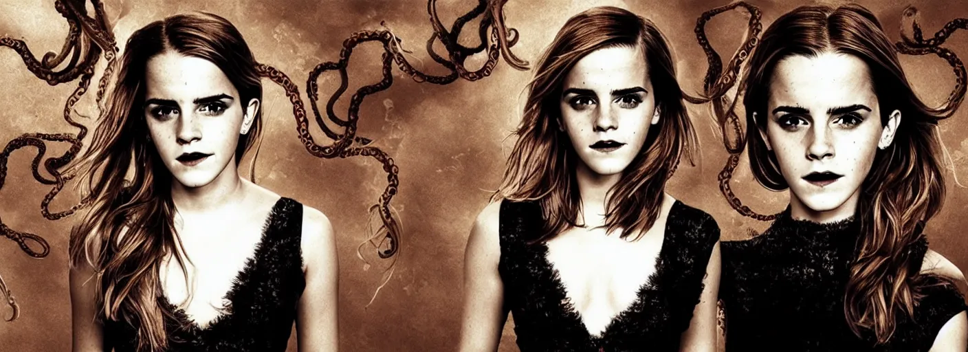 Prompt: emma watson with tentacles and claws horror portrait