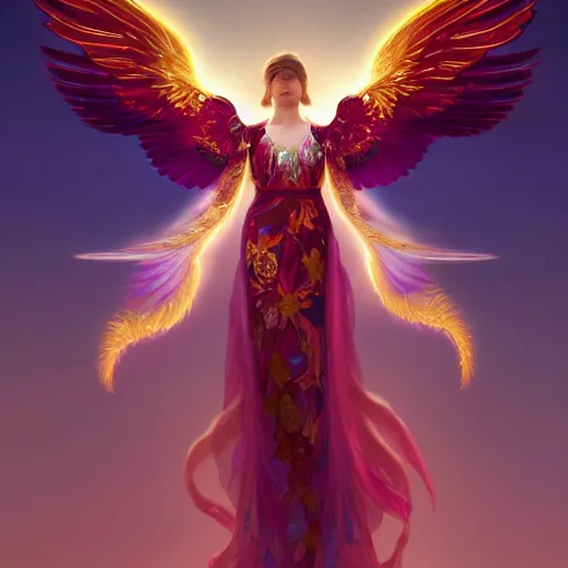 Image similar to a beautiful orchid phoenix angel woman, in an ornamented dress with large wings, volumetric light, god rays, 8 k high resolution, rubies, by greg rutkowski, artgerm, alphonse mucha