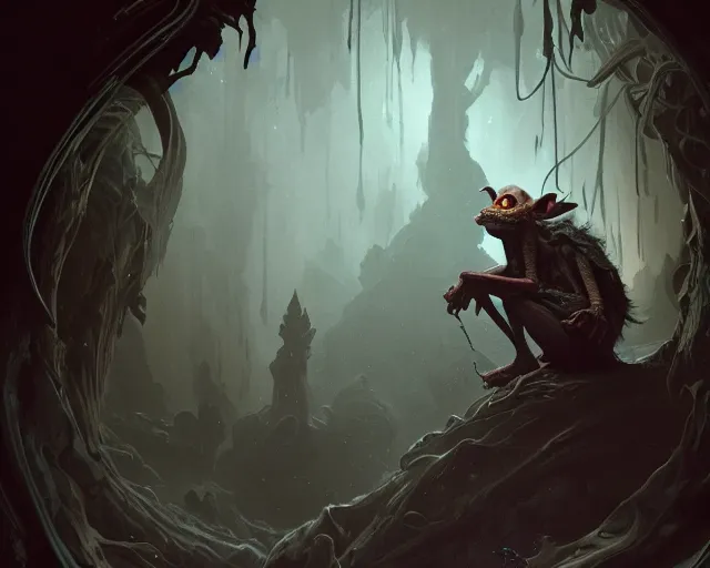 Prompt: a 4 k cinematic screenshot still portrait of a goblin in a dark liminal space room surrounded by spider webs, deep focus, d & d, fantasy, intricate, elegant, highly detailed, digital painting, art station, concept art, matte, sharp focus, illustration, dark fantasy style art, hearthstone, art by artgerm and greg rutkowski and alphonse mucha