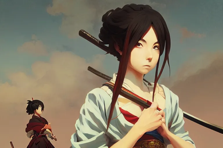 Prompt: baroque oil painting of anime key visual concept art of a samurai girl, very anime, stars vackground, trending on artstation, oil on canvas, style of makoto shinkai greg rutkowski studio ghibli