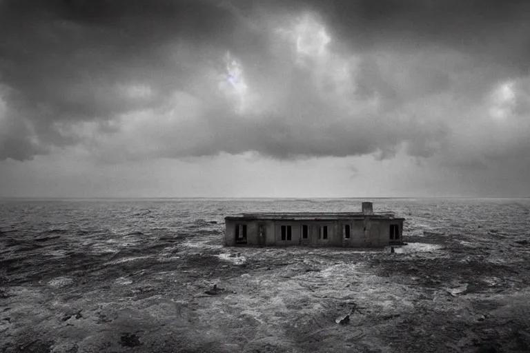 Prompt: high key lighting, ighting storm, danila tkachenko, photograph of an abandonet soviet building bloc in the middle of the ocean,