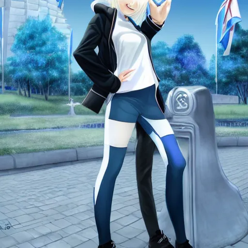 Image similar to aristocratic platinum - blonde - haired bob cut blue - eyed princess wearing white leggings and black jacket, standing next to communist monument, anime, hd anime wallpaper, hyperrealistic lighting, drawn by artgerm