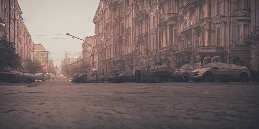 Prompt: cinematic street shot of a city on mars, aelita, phalanster, saint petersburg city, telephoto, anamorphic cinematography, beautiful composition, color theory, leading lines, photorealistic, moody volumetric lighting