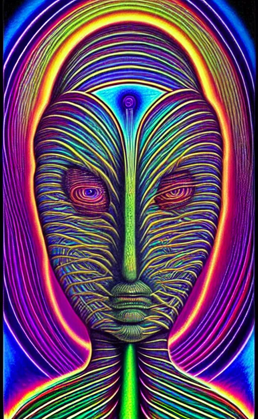 Image similar to trippy psychedelic alien world by alex grey