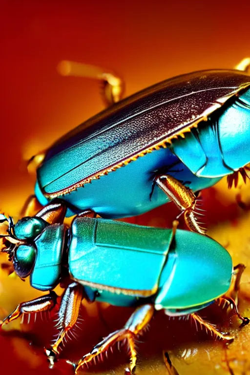 Prompt: high quality macro close-up metallic cockroach! gorgeous highly detailed hannah yata elson peter cinematic turquoise lighting high quality low angle hd 8k sharp shallow depth of field