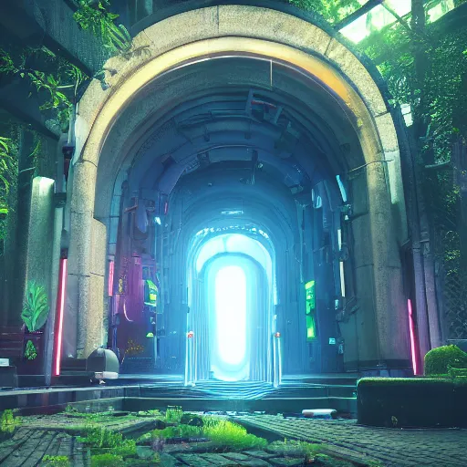 Prompt: portal to a cyberpunk city inside a lush forest, fantasy render, unreal engine 5, octane render, 8k