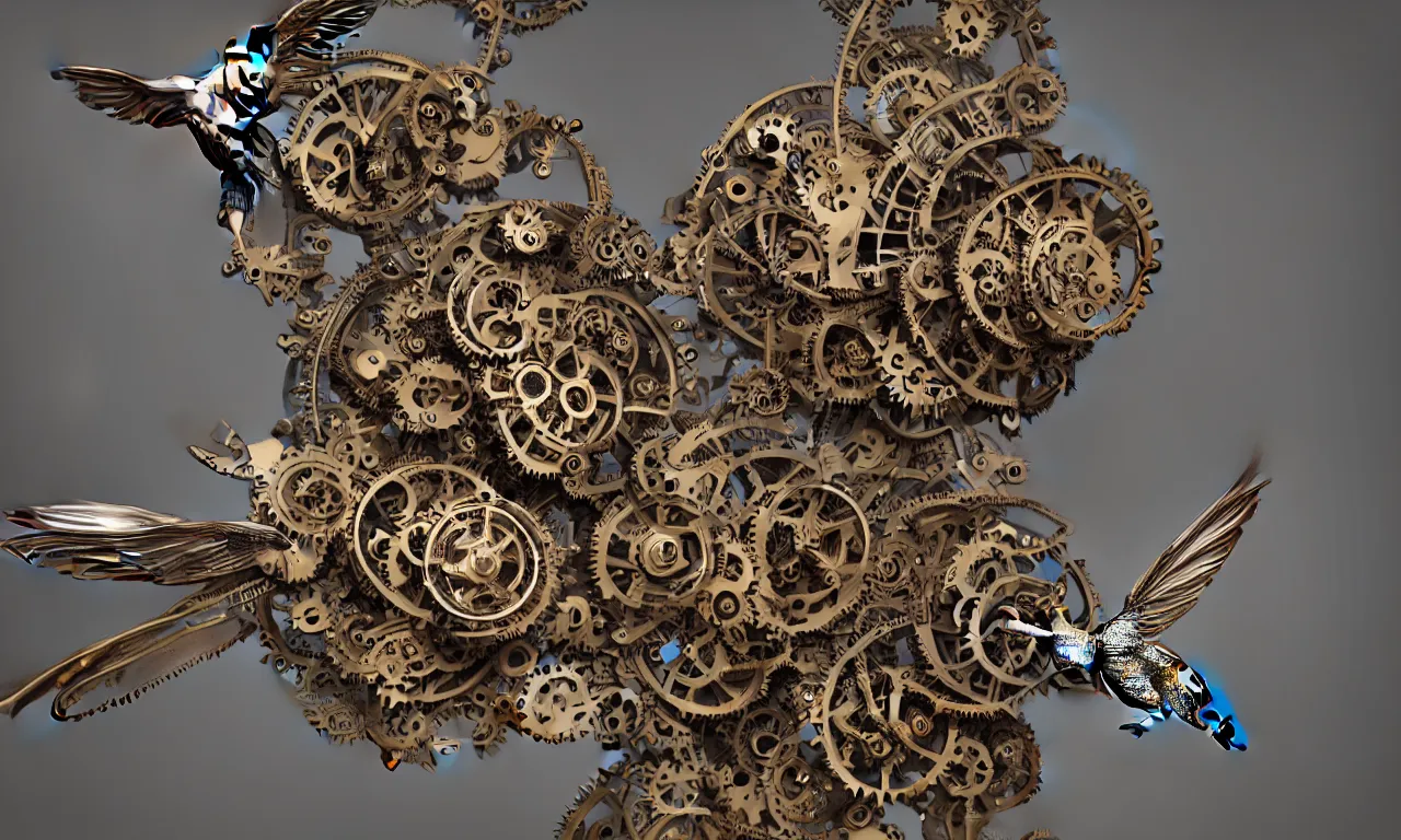 Image similar to photography of a mechanical hummingbird with lots of gears and screws, ornamental,photorealistic, elaborate, highly detailed, ornate, shiny, octane render, style by John Salt,