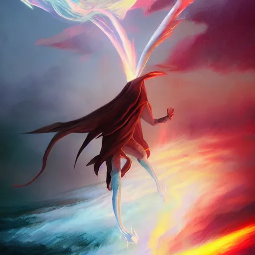 Image similar to a slender wizard with horned mask levitating, flying, inside a wind twister that surronds the wizard, twister colored like the rainbow, art by greg rutkowski, by ilya kuvshinov, digital art, artstation, detailed, realistic, long hair