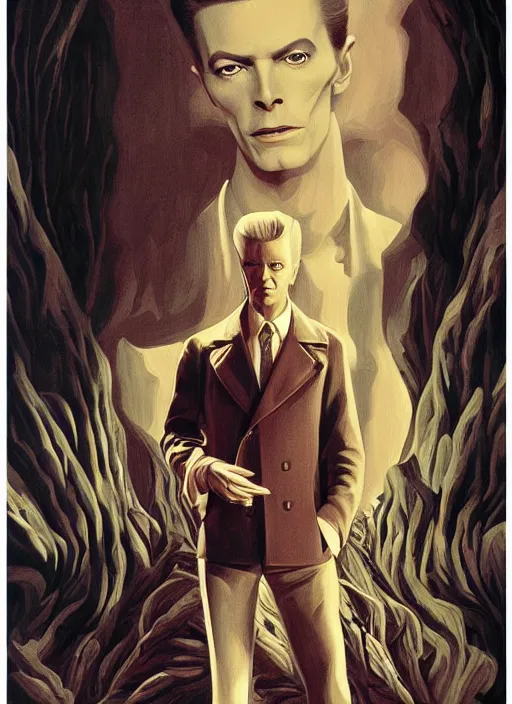 Image similar to twin peaks poster art, portrait of david bowie stands before the labyrinth, his fate for the next two years, by michael whelan, rossetti bouguereau, artgerm, retro, nostalgic, old fashioned