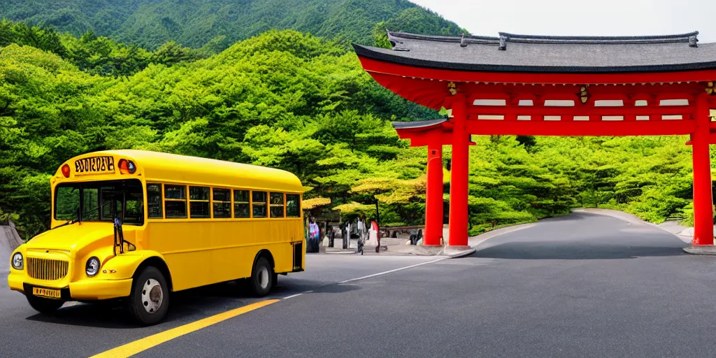 Prompt: Yellow school bus, driving towards a red japanese Torii gate at Mount Fuji location in Japan, ray tracing