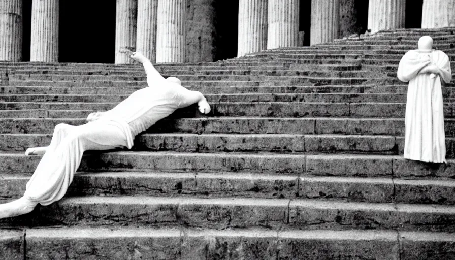 Prompt: 1 9 6 0 s movie still close - up of caligula in a white toga dead on the ancient amphitheater's stairs blood flaque, cinestill 8 0 0 t 3 5 mm, high quality, heavy grain, high detail, dramatic light, anamorphic, blood