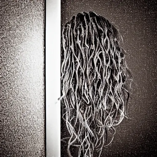 Prompt: mess of hair on shower wall. tangled strands of hair. tangled pieces of human hair.