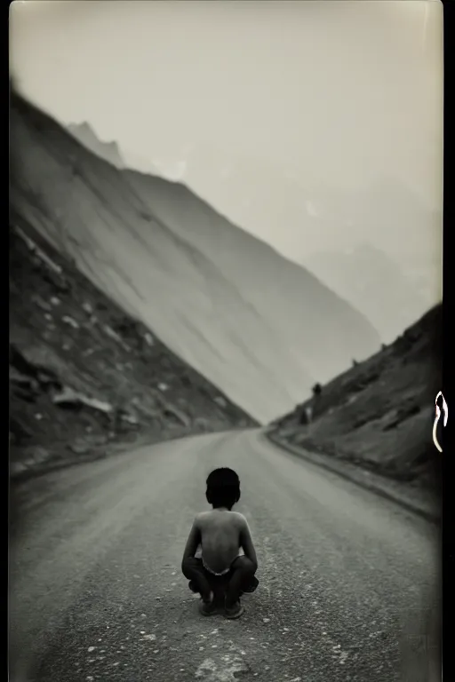 Image similar to photo polaroid of a sad and lonely child in the middle of a mountain road , Nepal,Himalayas, loneliness,,tahr , black and white ,photorealistic, 35mm film,