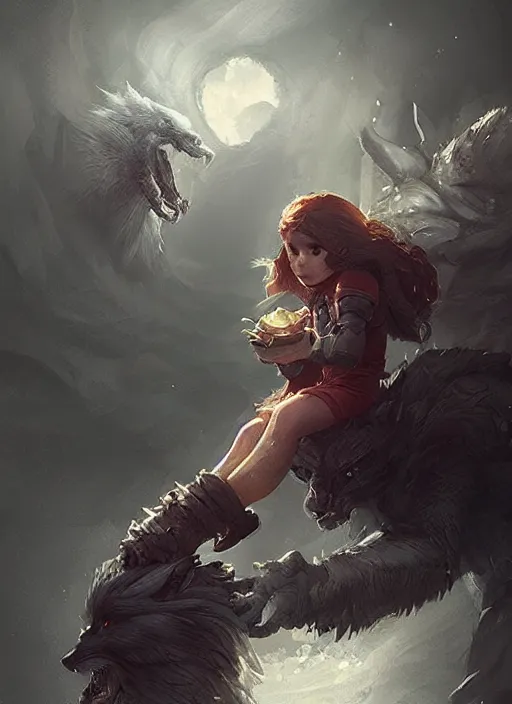 Image similar to a small girl mage sitting on the shoulder of a werewolf guardian, ultra detailed, fantasy, dramatic lighting, trending on artstation, award - winning, artgerm and greg rutkowski, 8 k