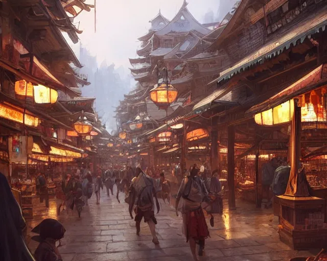 Prompt: bustling marketplace in a great kitsune city, a fantasy digital painting by Greg Rutkowski and James Gurney, trending on Artstation, golden hour, highly detailed