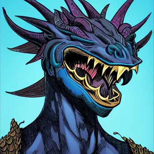 Prompt: head and shoulders portrait of a medieval fantasy anthropomorphic blue dragon - headed - human hybrid with electrcity magic, fantasy, d & d, high details, comic book cover art photo by phil noto and frank miller