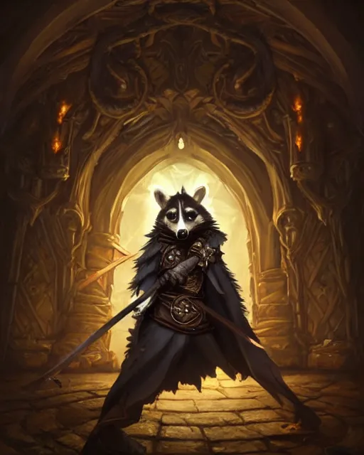 Image similar to anthropomorphic royal warlock raccoon casting a spell in a dungeon, dark souls, d & d, fantasy, intricate, action pose, elegant, highly detailed, digital painting, artstation, concept art, matte, sharp focus, volumetric lighting, illustration, hearthstone, art by artgerm, wlop, greg rutkowski and alphonse mucha