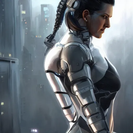 Image similar to gina carano with robotic cybernetic metallic grey left arm, casual pose, cyberpunk, digital painting, artstation, concept art, smooth, 8 k frostbite 3 engine, ultra detailed, art by artgerm and greg rutkowski and magali villeneuve