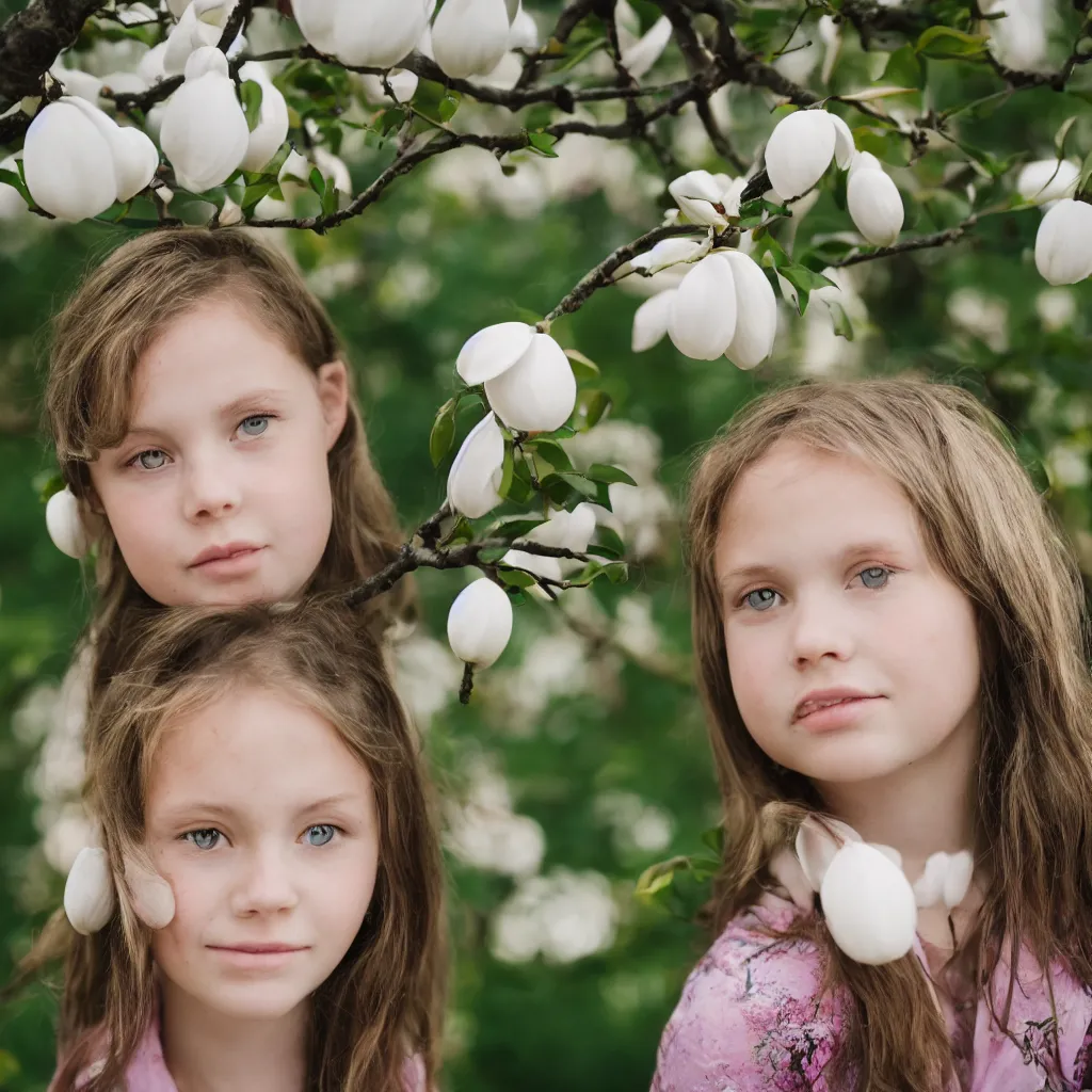 Image similar to a girl portrait with a magnolia near the face, 8 5 mm lens, bokeh