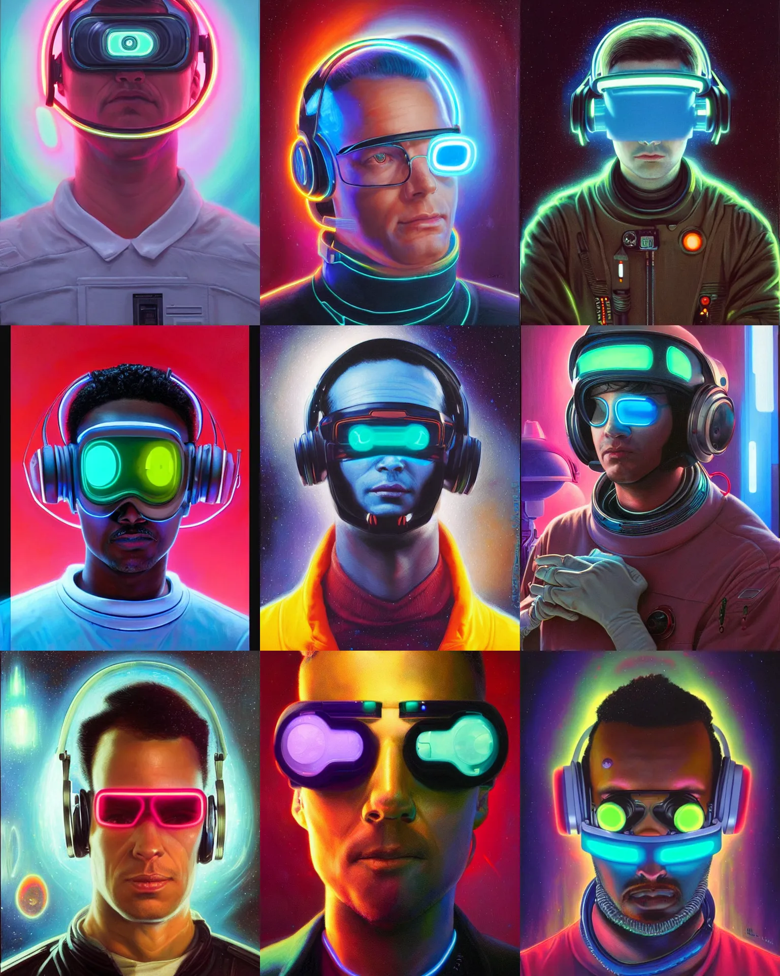 Prompt: neon cyberpunk programmer with glowing geordi cyclops visor over eyes and sleek headphones headshot desaturated profile!!!! portrait painting by donato giancola, dean cornwall, rhads, tom whalen, alex grey astronaut fashion photography