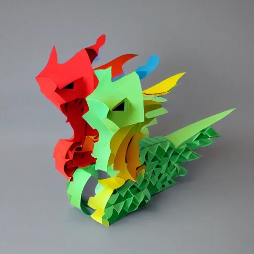 Prompt: Dragons made up of paper escaping out of the box