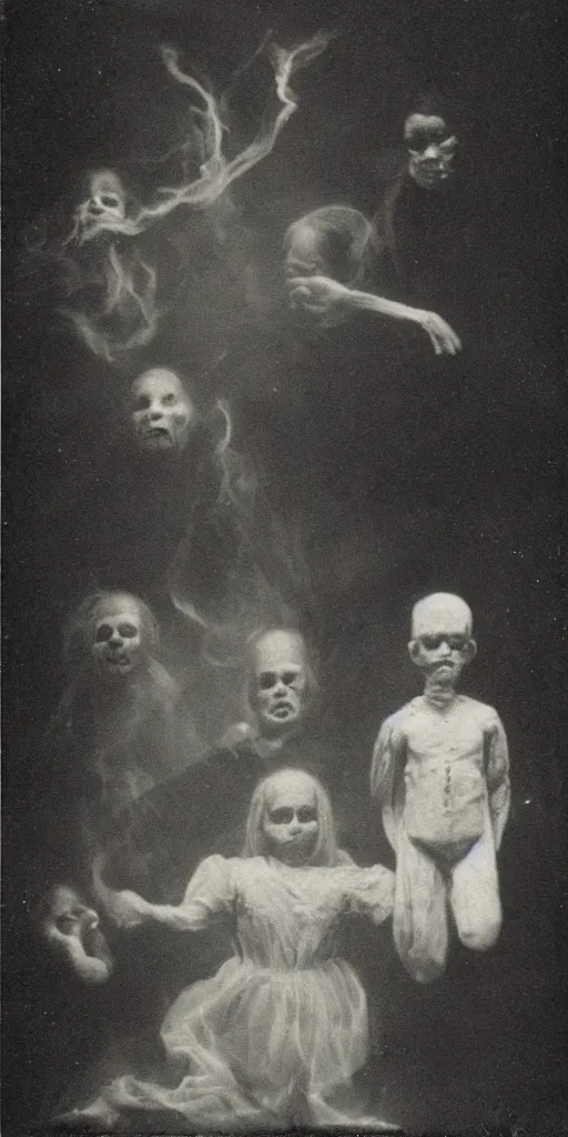 Prompt: spirit photography with glowing bulbous ectoplasm, scary shadow people, sleep paralysis demon, 1 9 0 0 s, slimer, mourning family, invoke fear and dread, old photograph, daguerreotype