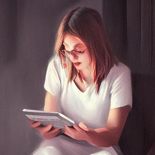 Prompt: a girl reading an e-book, night, portrait, by wlop