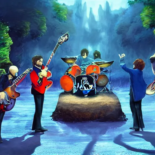 Prompt: the beatles band members riding beetles into a fight, fantasy art, very very very beautiful fantasy art, bright colors, final fantasy, unreal engine 5
