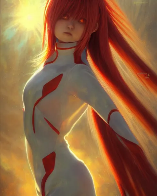 Image similar to asuka langley soryu wearing plugsuit, award winning photograph, radiant flares, realism, lens flare, intricate, various refining methods, micro macro autofocus, evil realm magic painting vibes, hyperrealistic painting by michael komarck - daniel dos santos