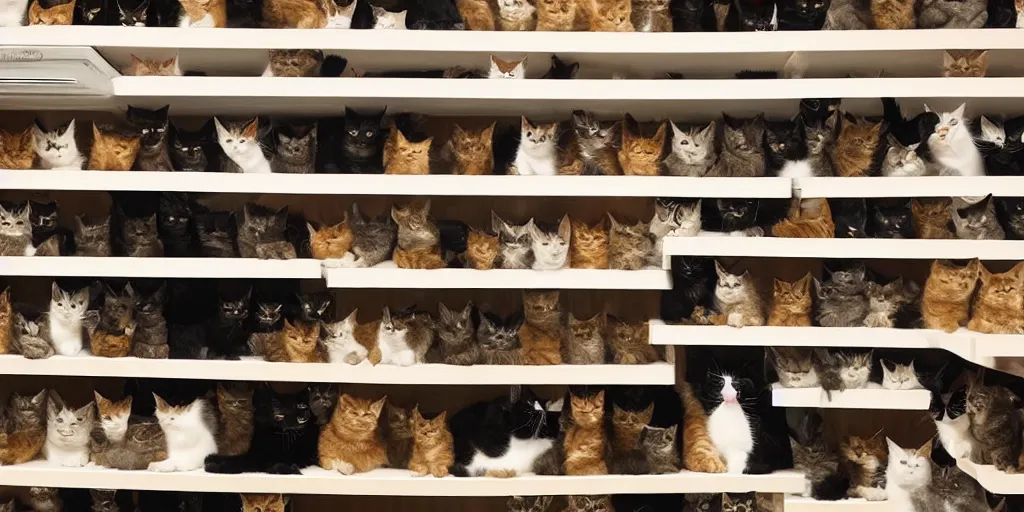 Prompt: Shelves lined with Cats, texture, view from front