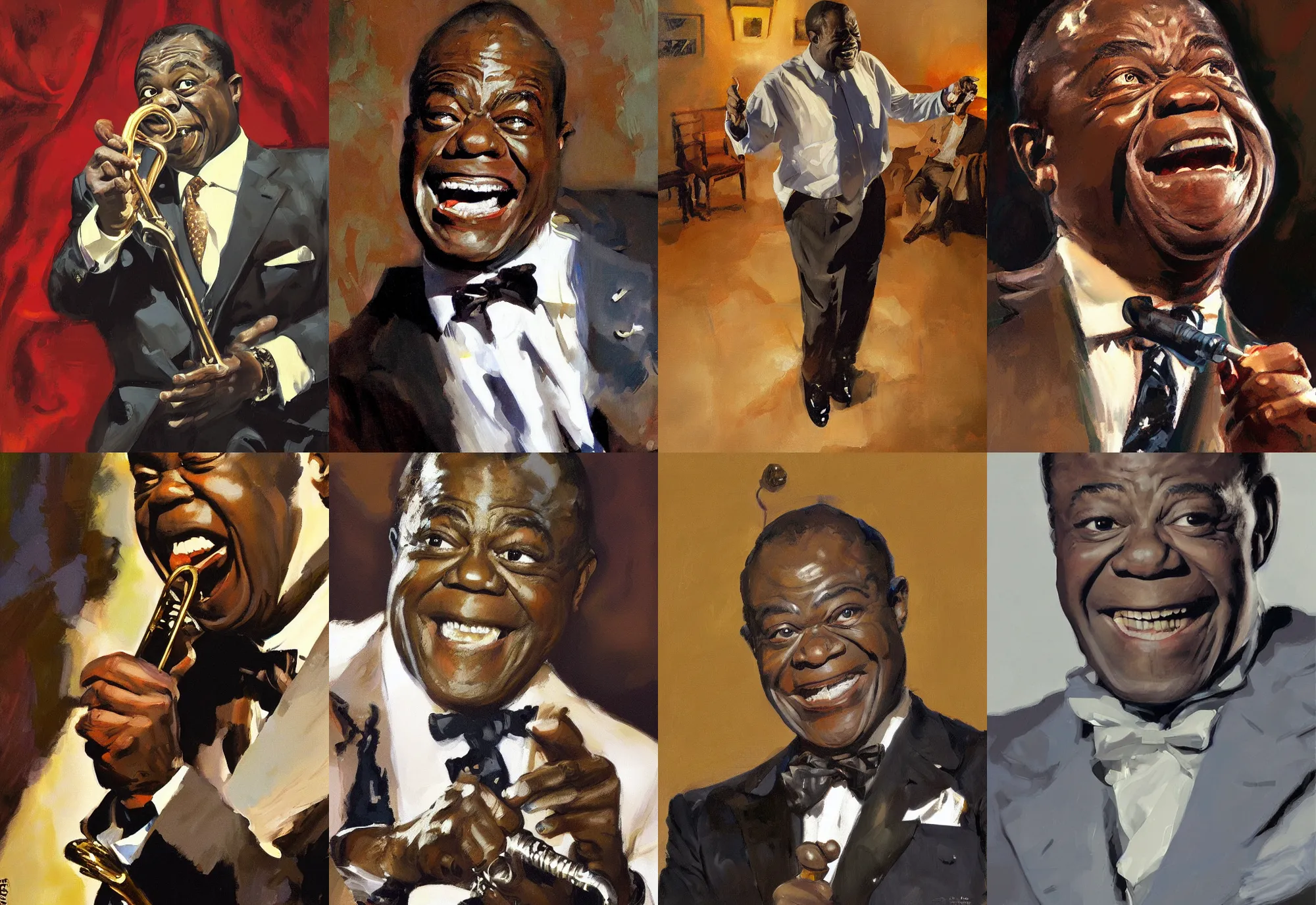 Prompt: a portrait of louis armstrong telling a joke, by greg manchess and john singer sargent and jonathan yeo, dramatic lighting, highly detailed digital painting