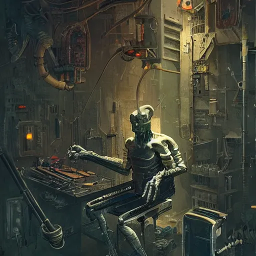 Image similar to minimalist cyborg goblin inside byzantine kowloon hoarder labaratory, portrait by by greg rutkowski and h. r. giger and stalenhag and deak ferrand, studio ghibli composition