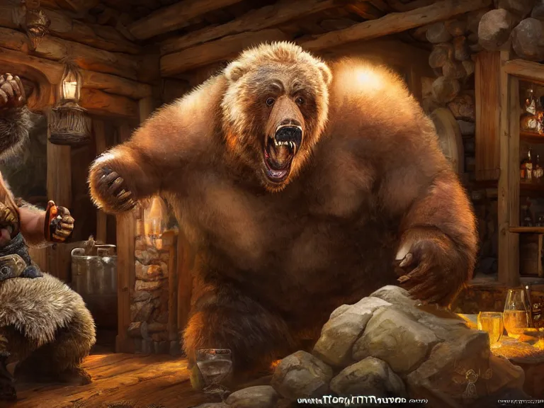 Prompt: Drunk Dwarf fights Grizzly Bear at a Tavern, RPG Portrait Full Body, Oil Painting, Trending on Artstation, octane render, Insanely Detailed, 8k, HD