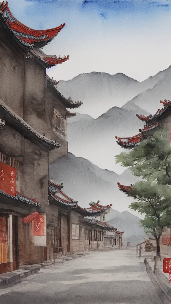 Image similar to Realistic watercolor painting of a ancient Chinese commercial street landscape,entrance of ancient Chinese city wall in the distance,foggy mountains in the background