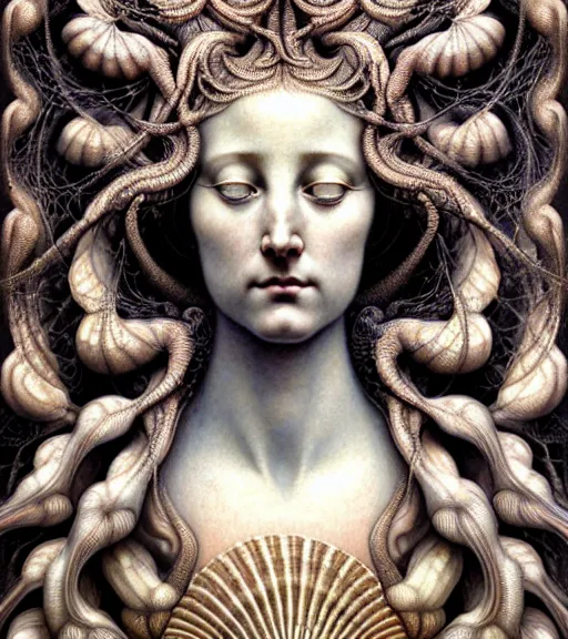 Prompt: detailed realistic beautiful shell goddess face portrait by jean delville, gustave dore, iris van herpen and marco mazzoni, art forms of nature by ernst haeckel, art nouveau, symbolist, visionary, gothic, neo - gothic, pre - raphaelite, fractal lace, intricate alien botanicals, ai biodiversity, surreality, hyperdetailed ultrasharp octane render