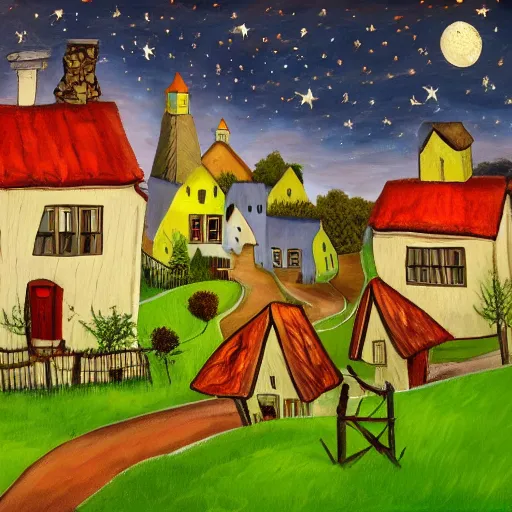 Image similar to a painting of a small village with crooked wooden houses designed by Tim Burton, the village is on a hill, the sky is dark with stars shining through, 4K,