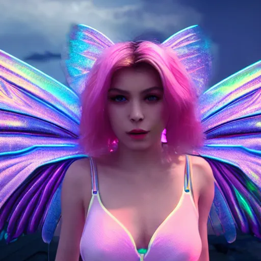 Image similar to neon fluorescent, iridescent young ornella muti with fairy wings cyperpunk 2 0 7 7, unreal engine 5, 8 k ultra realistic, hyperdetailed, volumetric lighting, extremely high quality