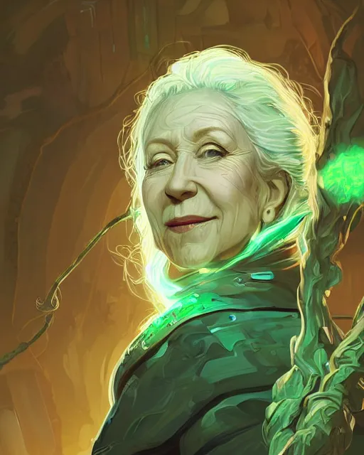 Prompt: a white-haired witch holding a gnarled staff, helen mirren, ancient wisdom, glowing iridescent accents, digital apex legends illustration portrait, gorgeous lighting, wide angle action dynamic portrait, art by Josan Gonzalez, bright colors, green and gold palette, high contrast